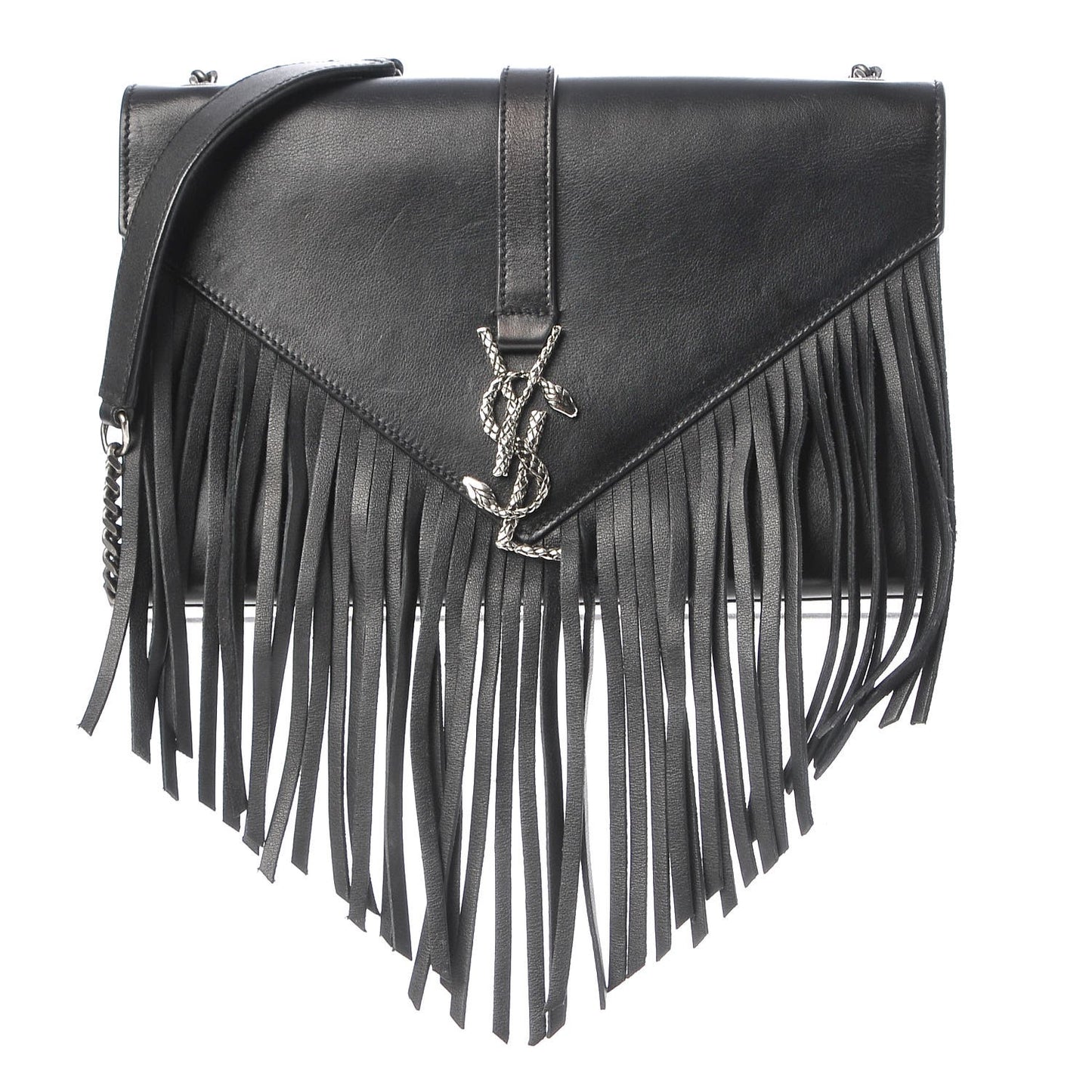 Calfskin Fringe Medium Snake Monogram Satchel Black