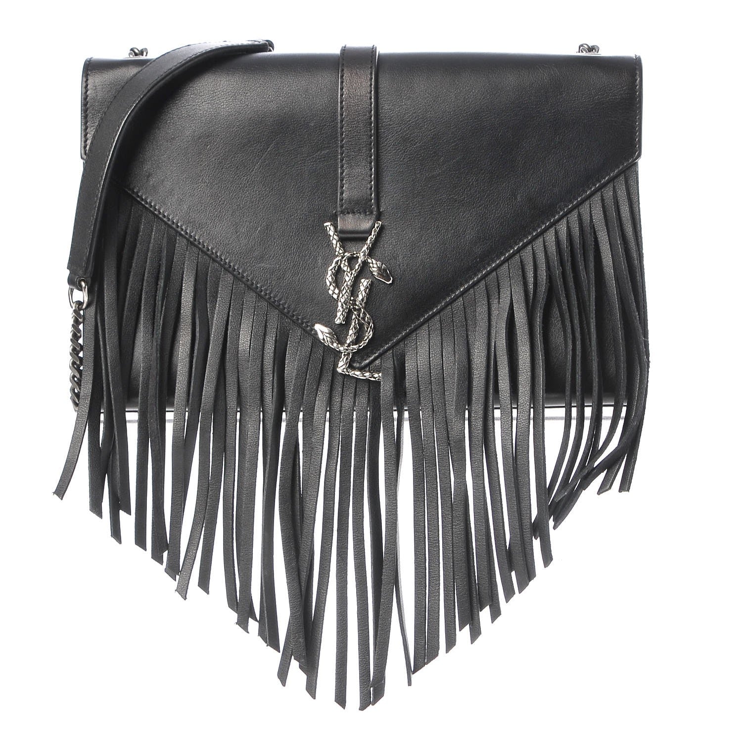 Saint Laurent Calfskin Fringe Medium Snake Monogram Satchel Black 1 of 6