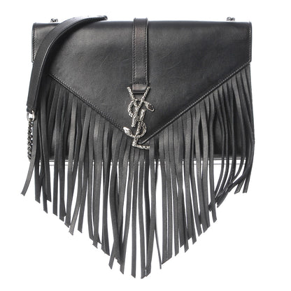 Saint Laurent Calfskin Fringe Medium Snake Monogram Satchel Black 1 of 6