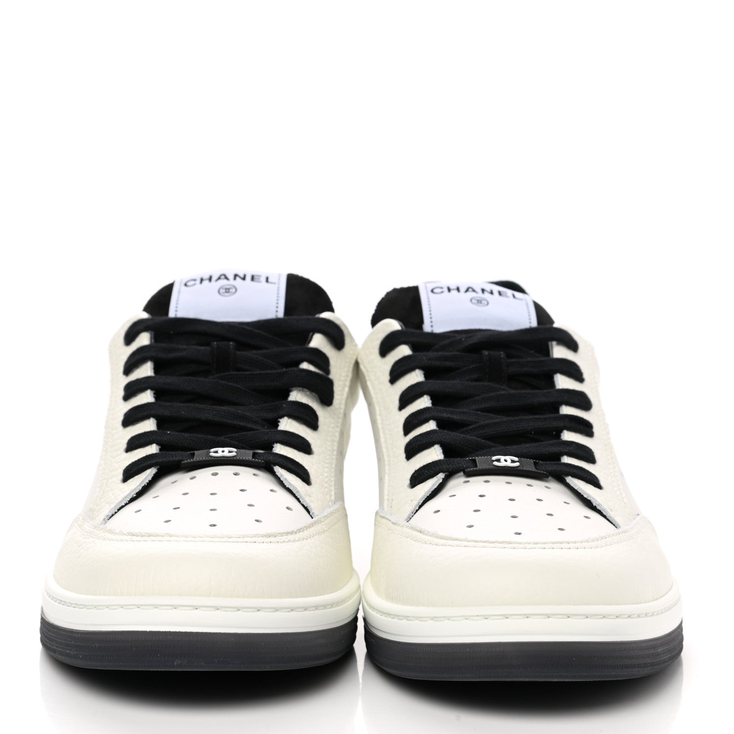 Chanel Grained Calfskin Fabric Mens Logo Sneakers 46 White Black 2 of 9