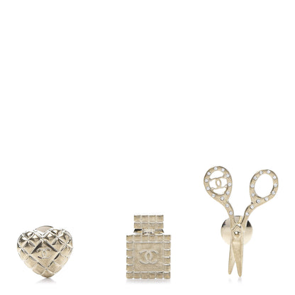 Chanel Metal Strass Crystal Quilted CC Heart Scissors Perfume Brooch Set Gold 1 of 6