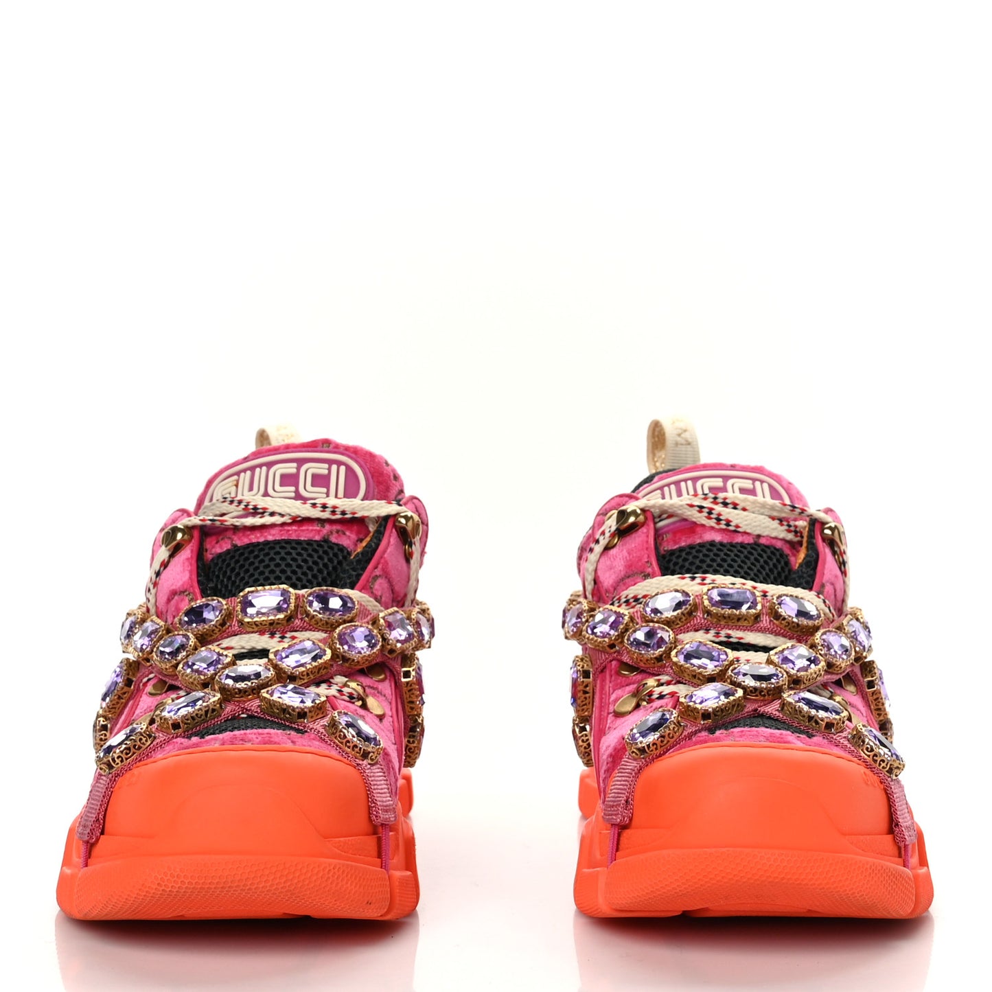 X SEGA Velvet GG Monogram Mesh Removable Crystals Womens Flashtrek Sneakers 40 Bright Pink Beige Mystic White
