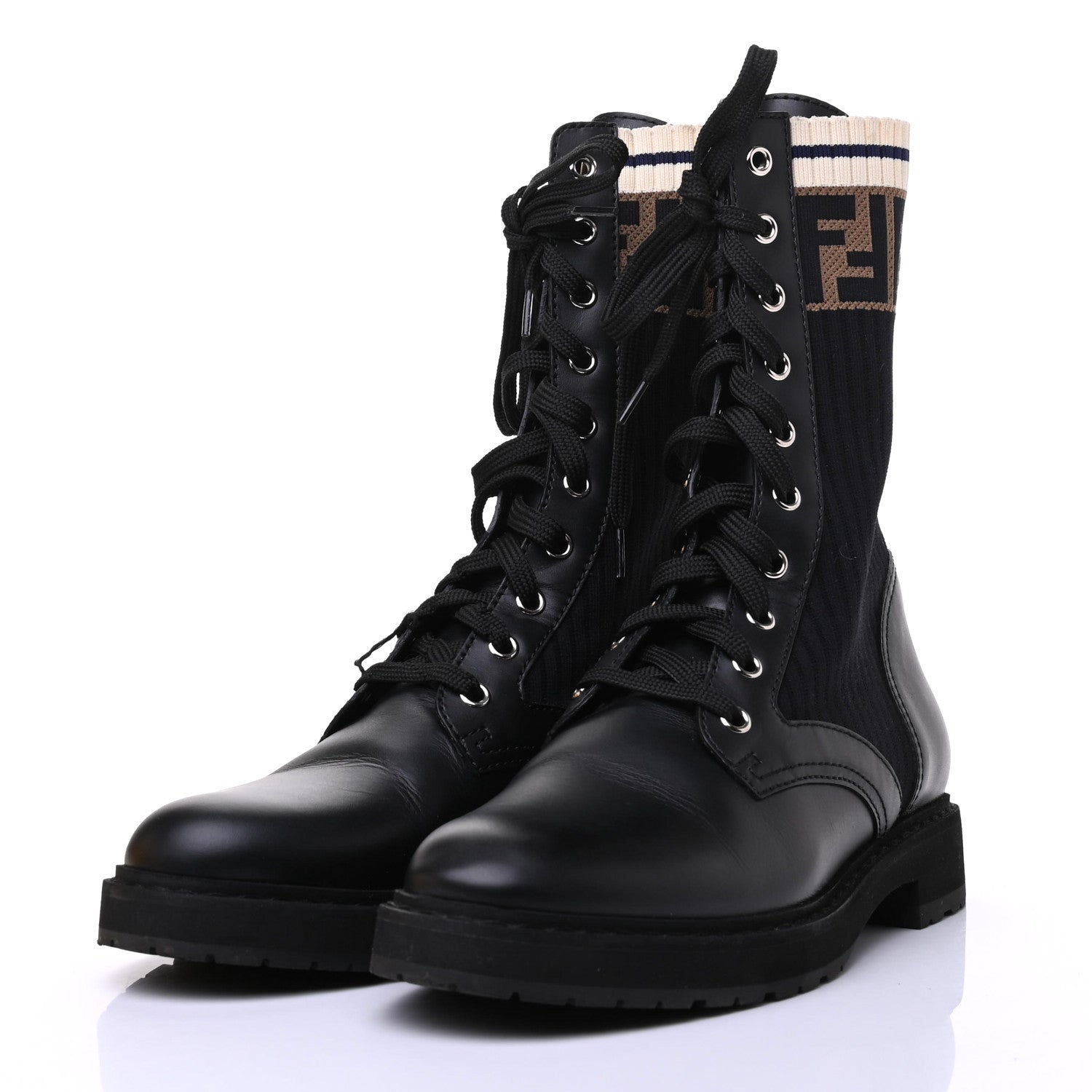 Fendi Calfskin Stretch Fabric Rockoko Biker Boots 38.5 Tobacco Black Marino 3 of 7