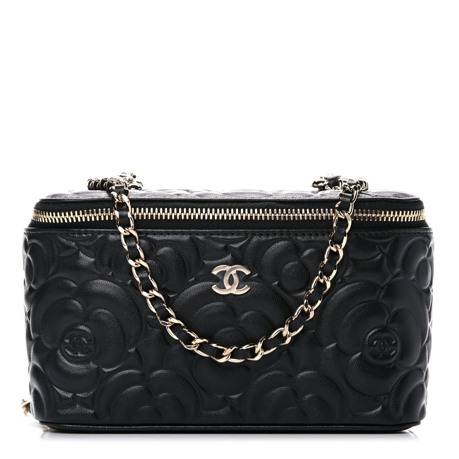 Chanel Lambskin Camellia Embossed Small Vanity Case With Chain Black 1 of 11