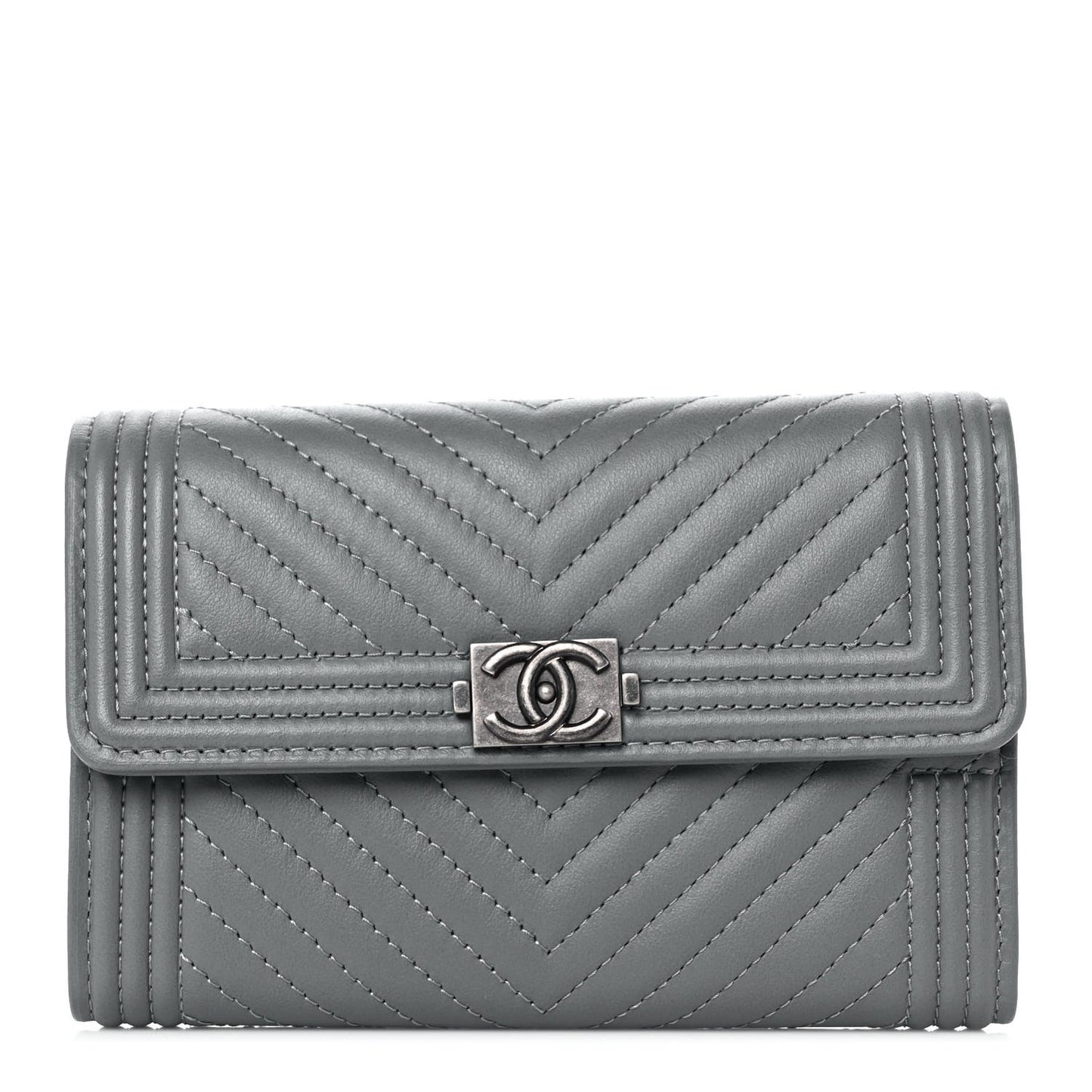 Calfskin Chevron Quilted Medium Boy Flap Wallet Grey
