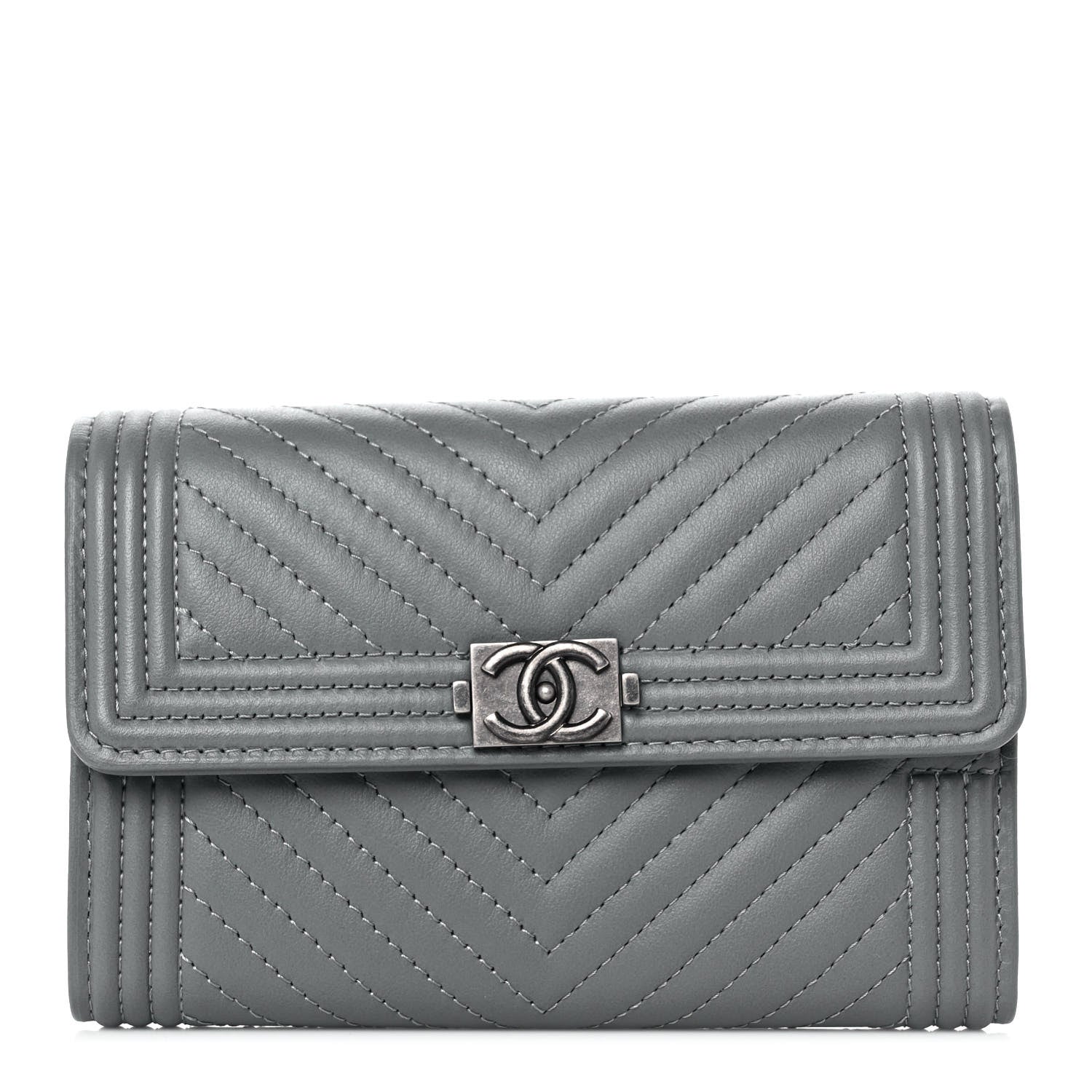 Chanel Calfskin Chevron Quilted Medium Boy Flap Wallet Grey 1 of 11