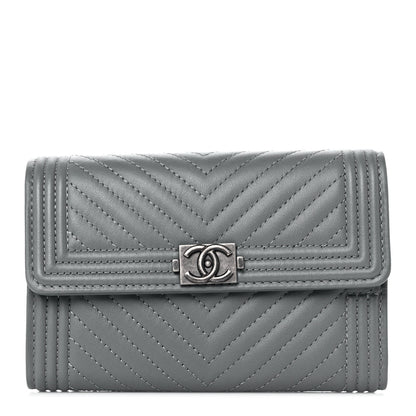 Chanel Calfskin Chevron Quilted Medium Boy Flap Wallet Grey 1 of 11