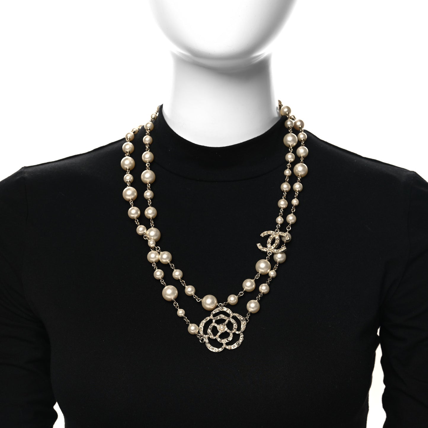 Pearl Crystal Camellia CC Necklace Gold