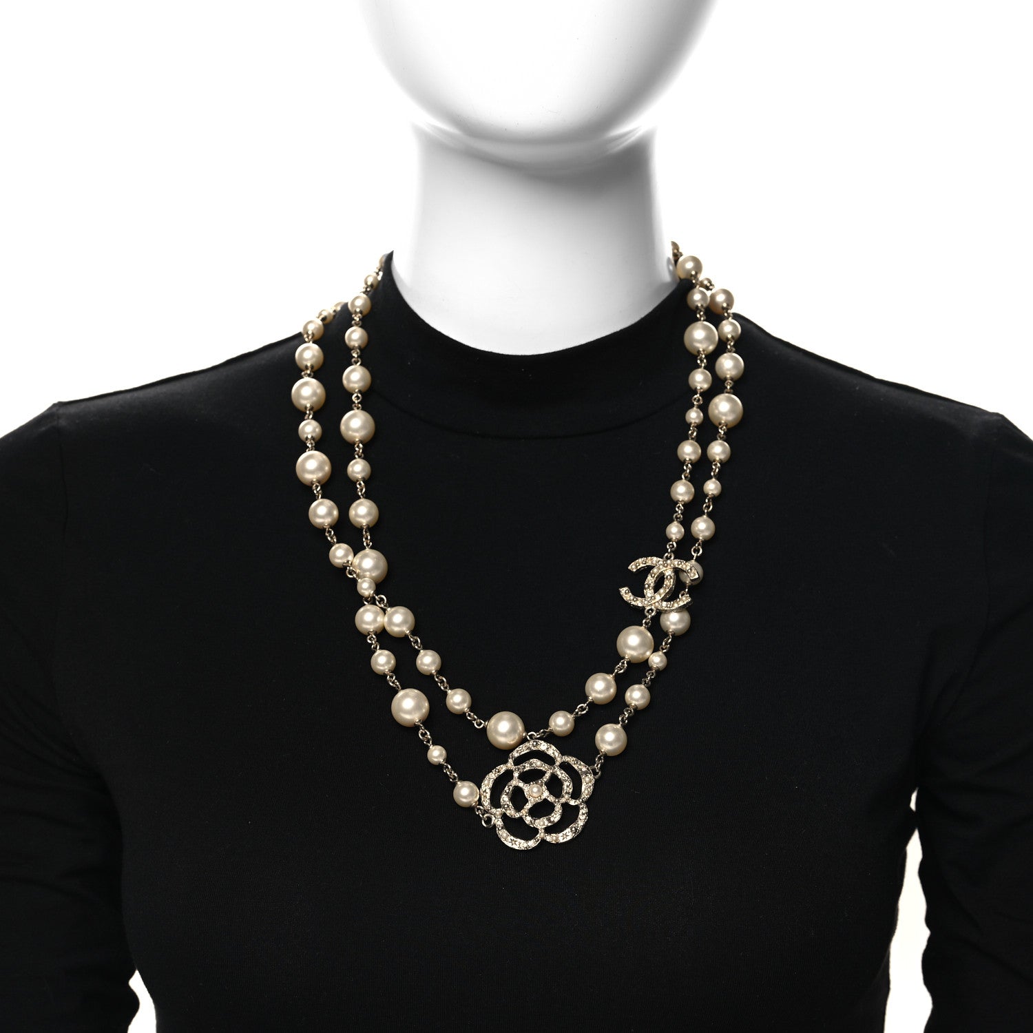 Chanel Pearl Crystal Camellia CC Necklace Gold 2 of 6