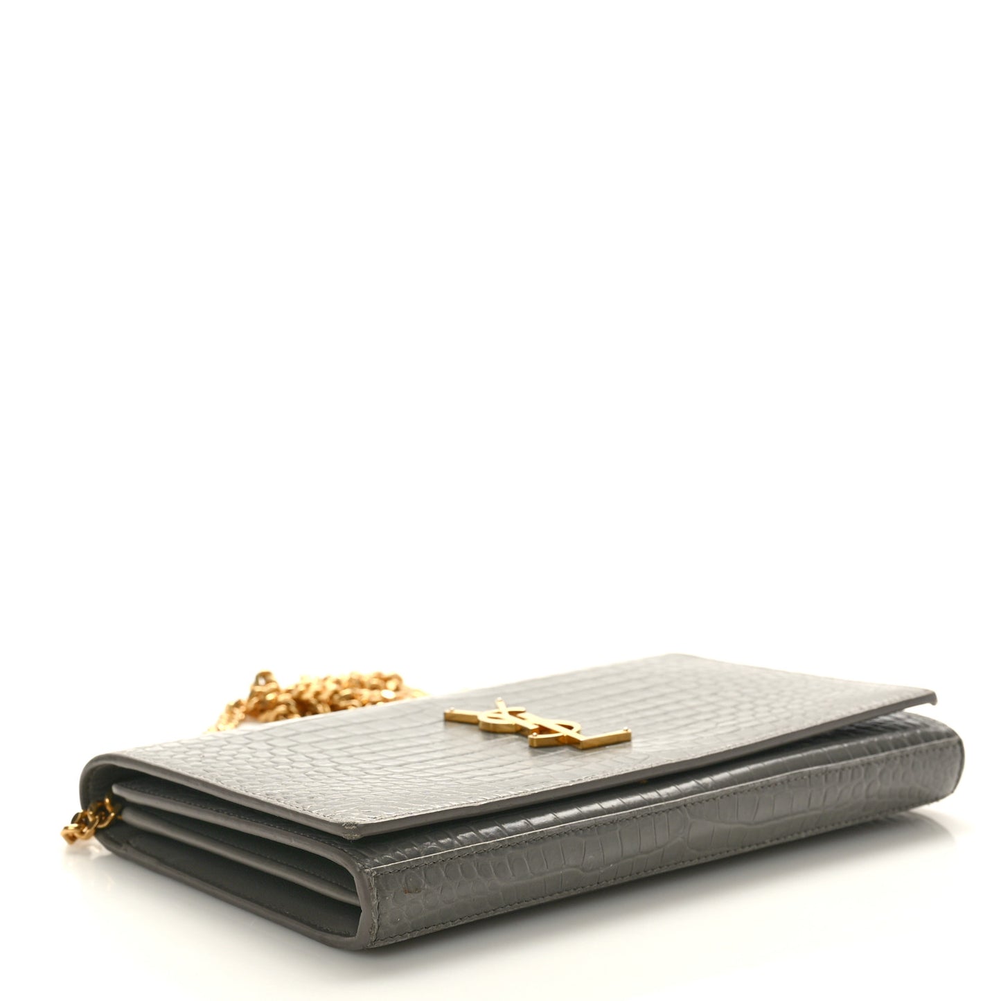 Calfskin Crocodile Embossed Monogram Chain Wallet Fog