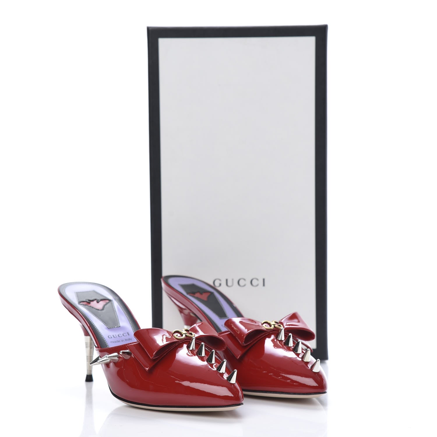 Gucci Patent GG Bow Sadie Spike Mid Heel Mules 38 Hibiscus Red 12 of 12