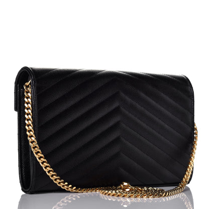 Saint Laurent Grain De Poudre Matelasse Chevron Medium Monogram Chain Wallet Black 3 of 9