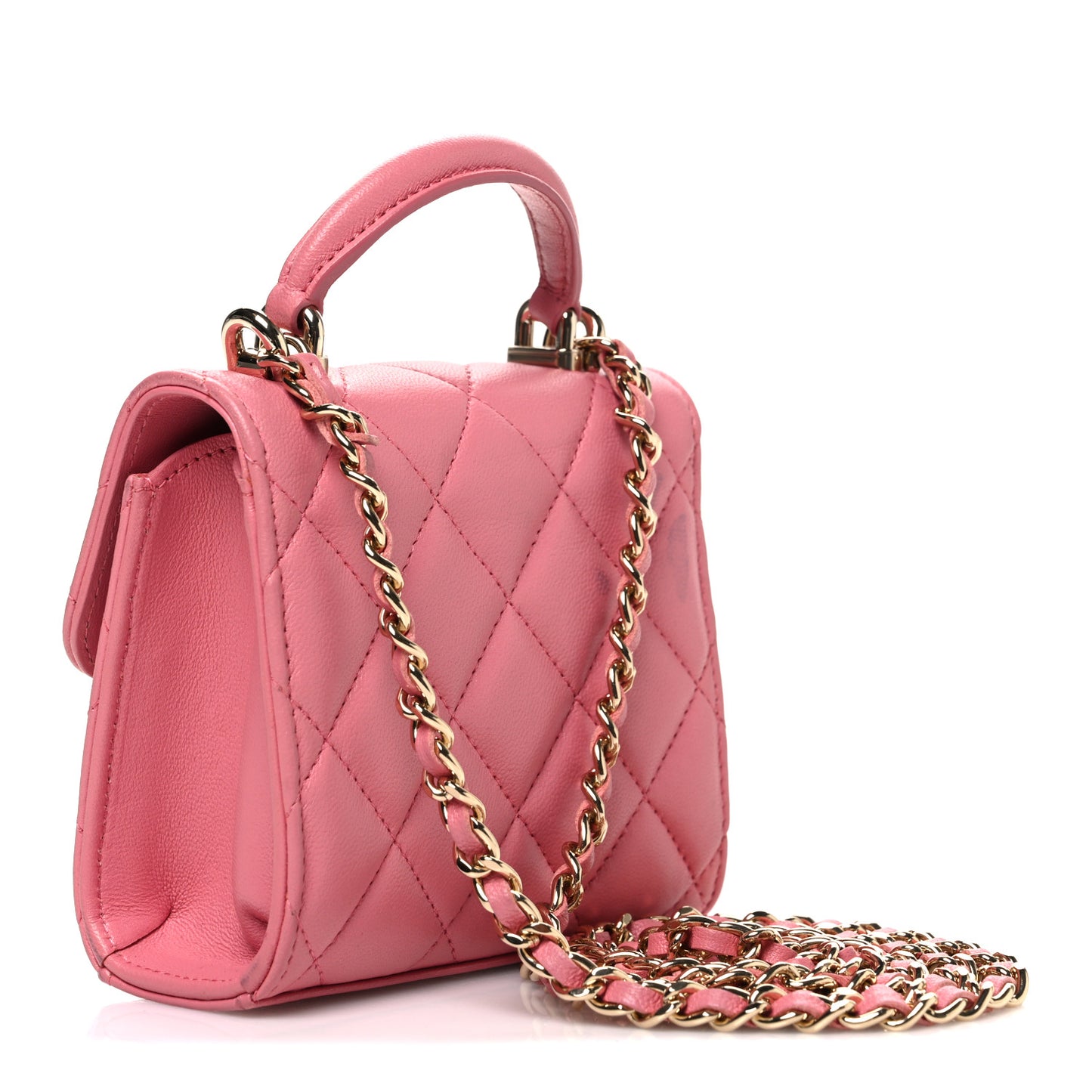 Lambskin Quilted Top Handle Clutch With Chain Pink