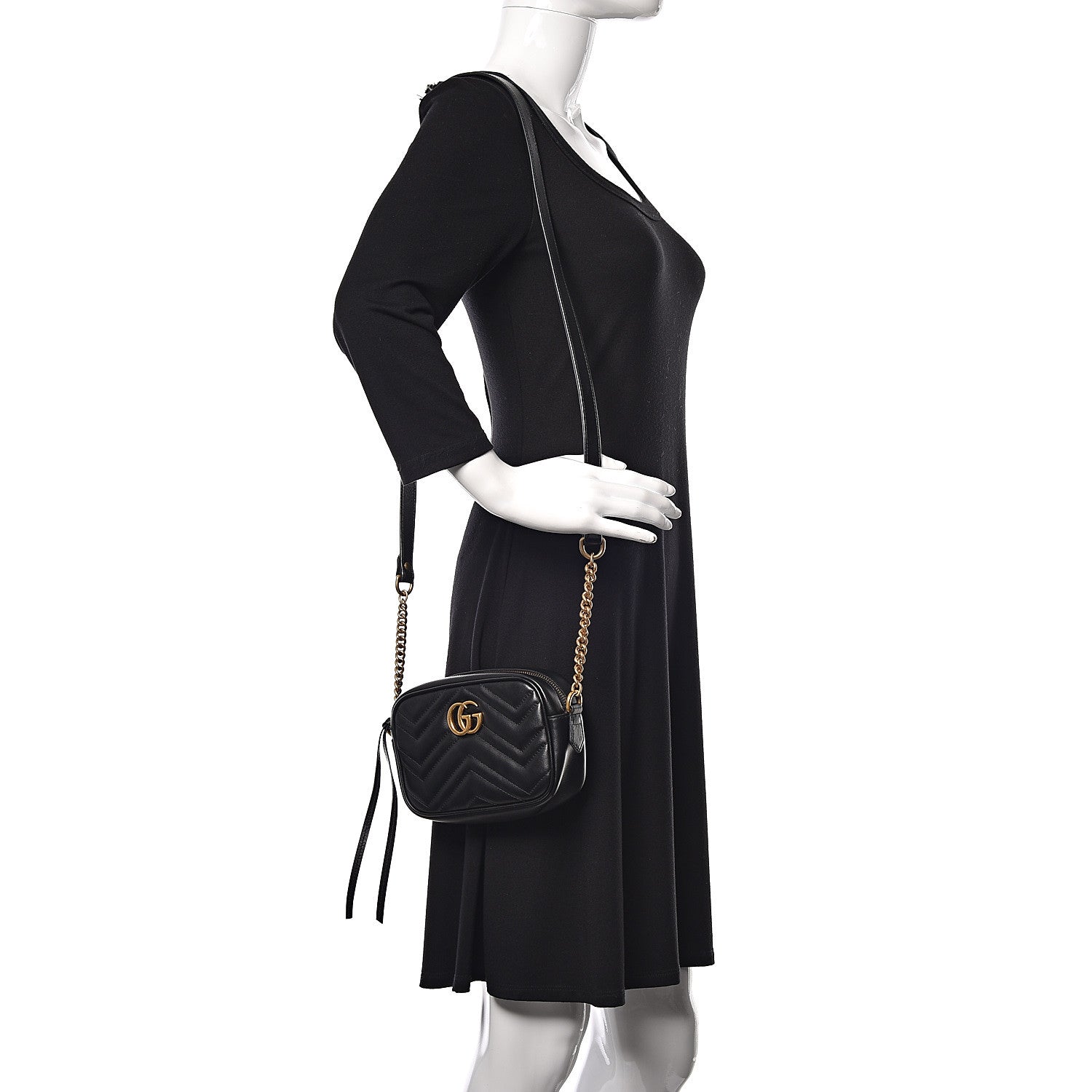 Gucci Calfskin Matelasse Mini GG Marmont Chain Shoulder Bag Black 2 of 10