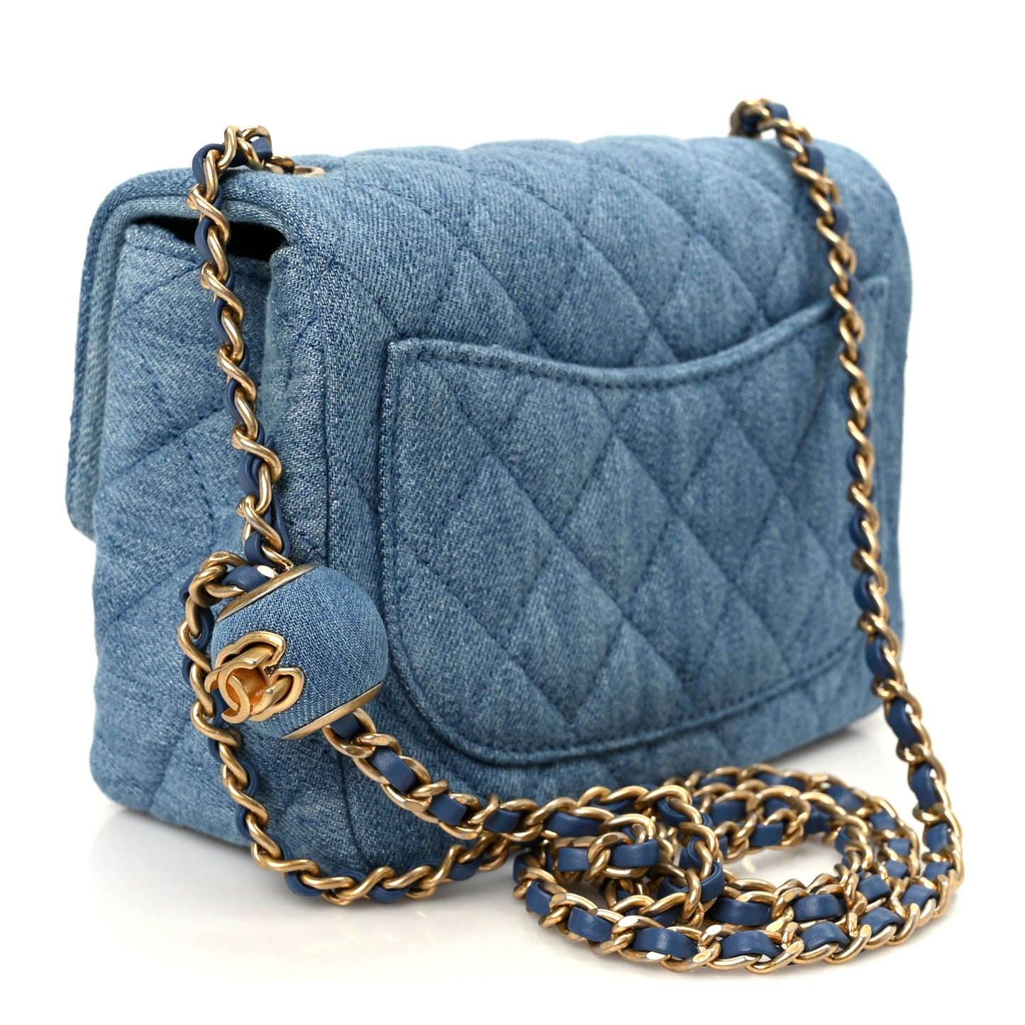 Denim Quilted Mini Pearl Crush Flap Blue