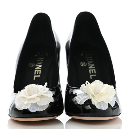 Chanel Patent Camellia CC Cap Toe Pumps 37 Black 2 of 9