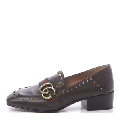 Gucci Calfskin Web Studded Peyton Loafers 35.5 Brown 1 of 11