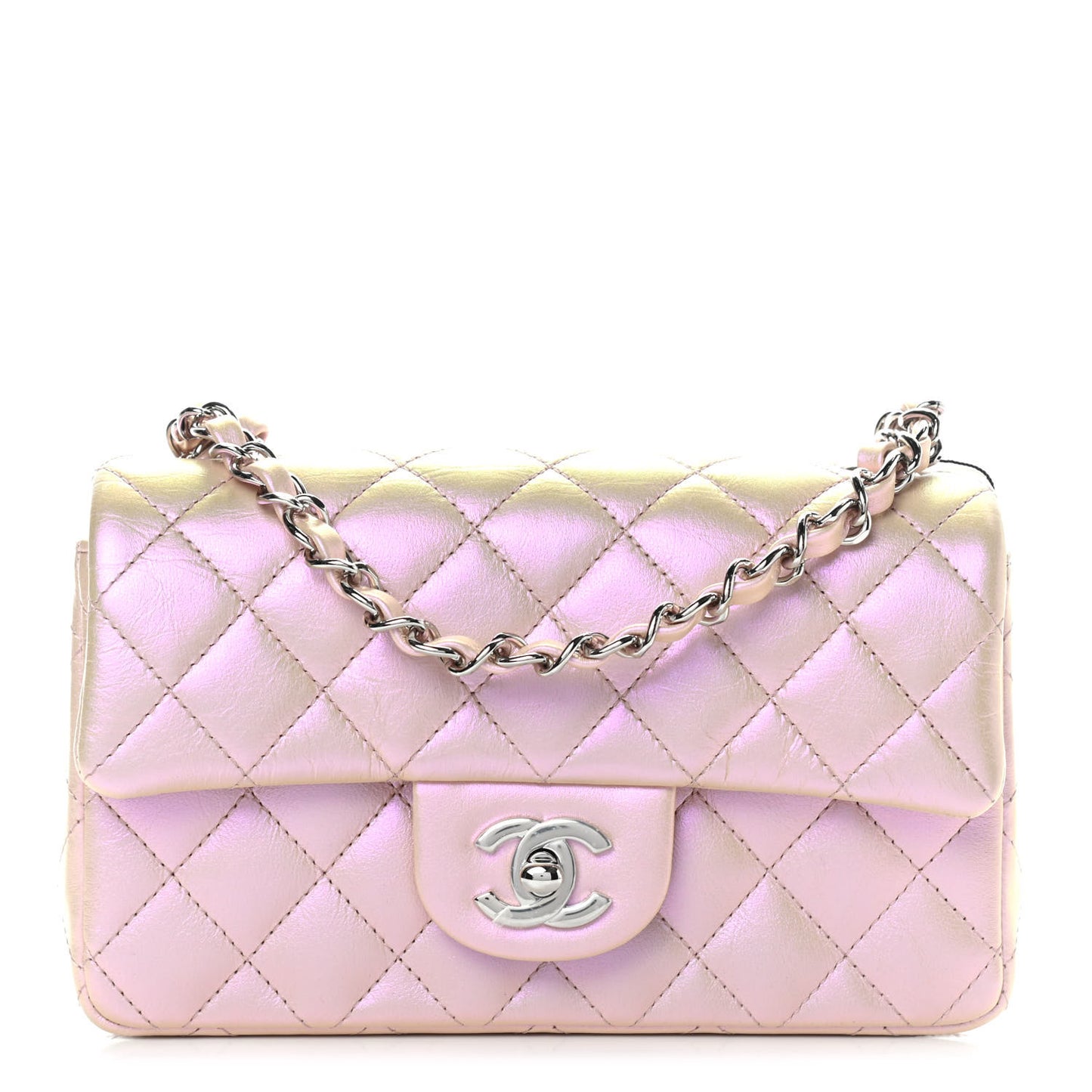 Iridescent Calfskin Quilted Mini Rectangular Flap Pink