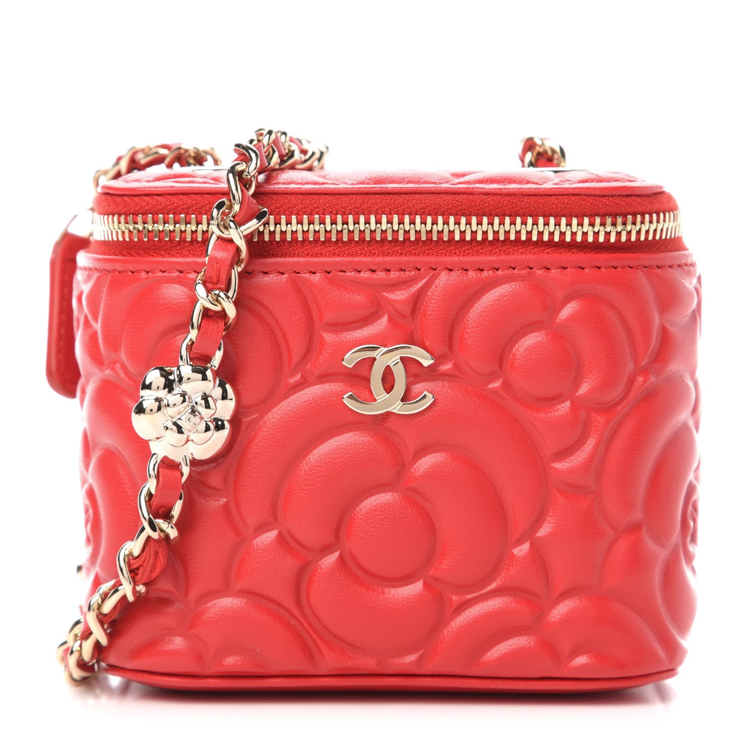 Chanel Lambskin Camellia Embossed Mini Vanity Case With Chain Red 1 of 11