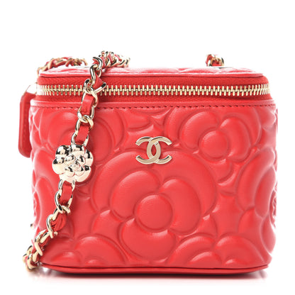 Chanel Lambskin Camellia Embossed Mini Vanity Case With Chain Red 1 of 11