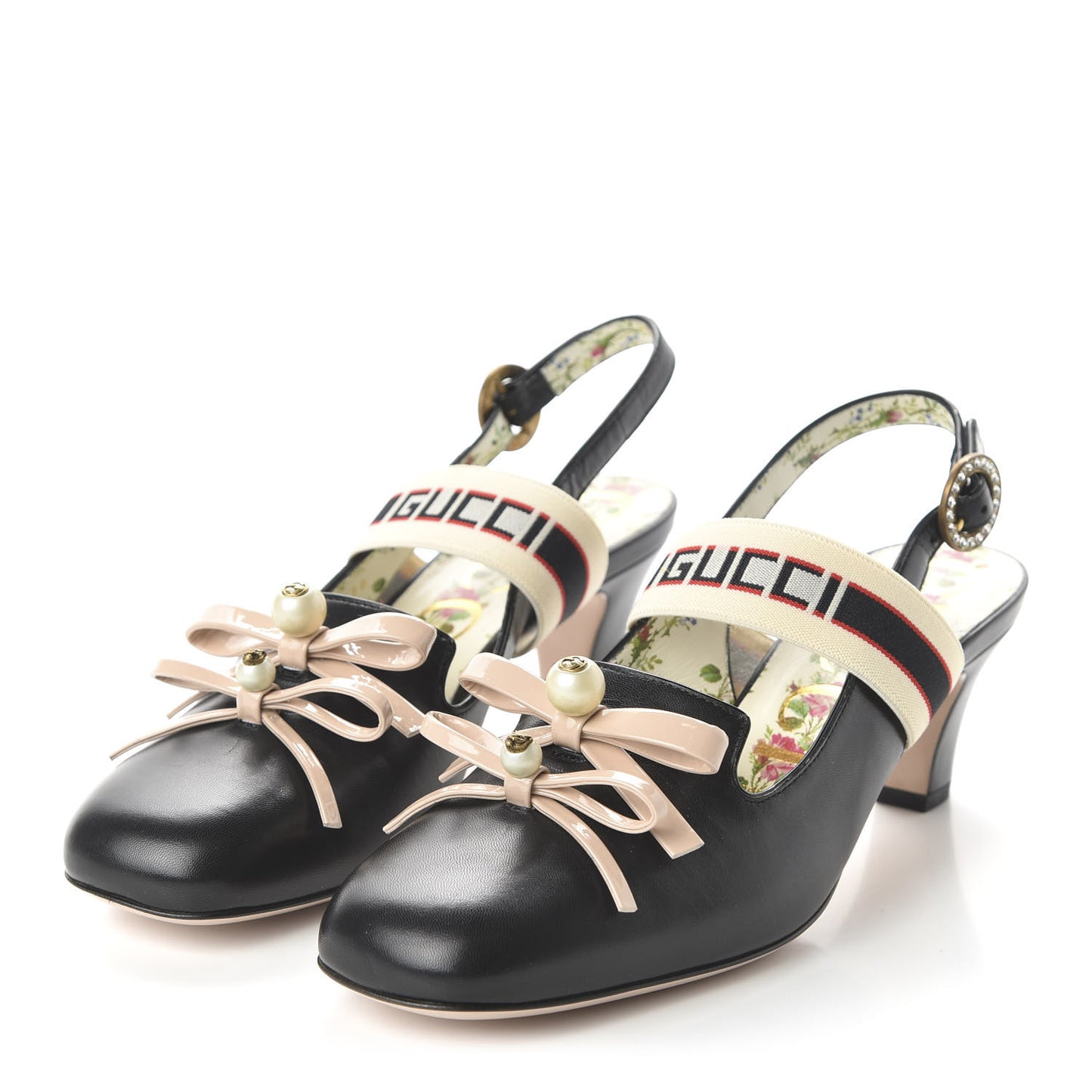 Malaga Kid Bow Ace Stripe Mid Heel Slingback Pumps 38 Black