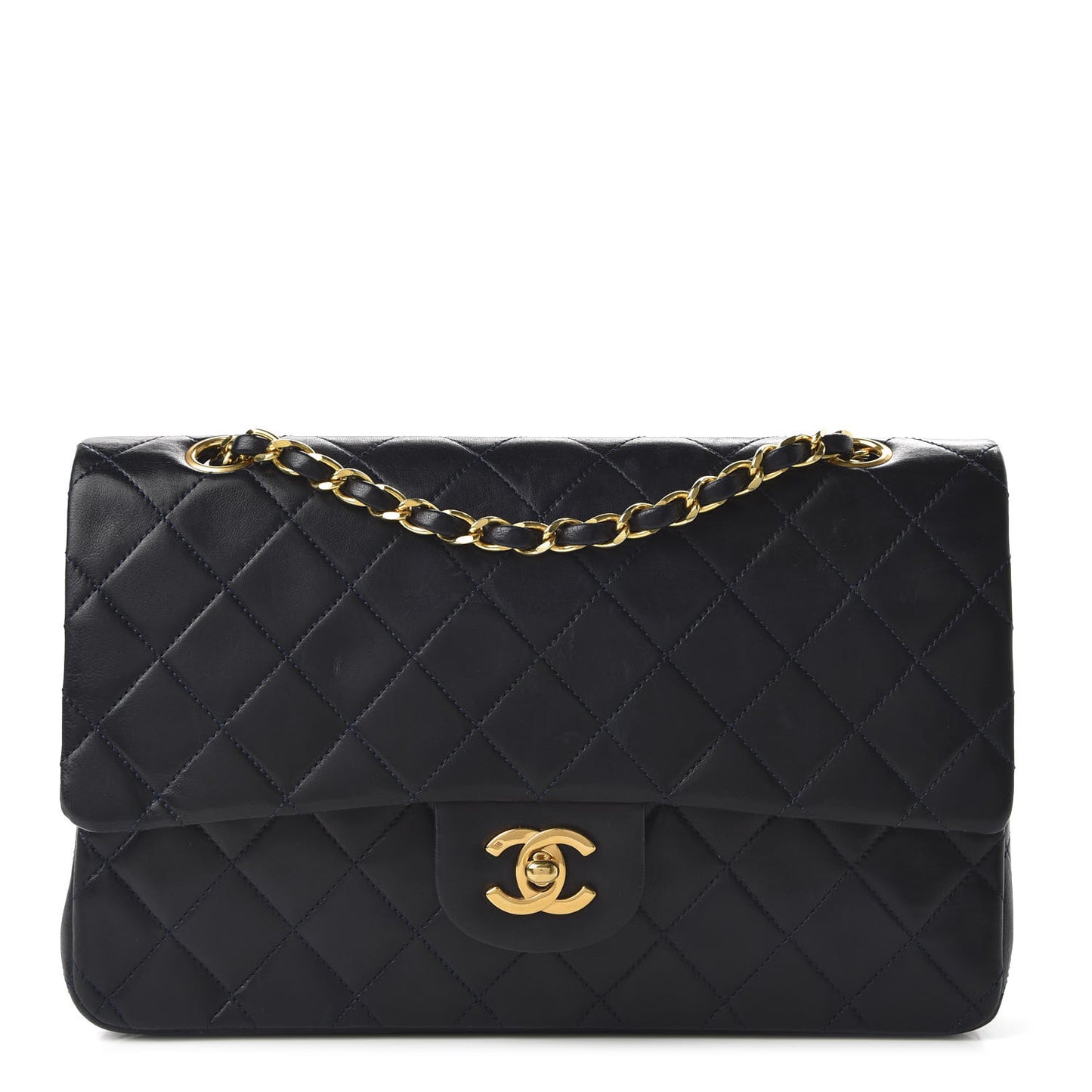 Lambskin Quilted Medium Double Flap Navy