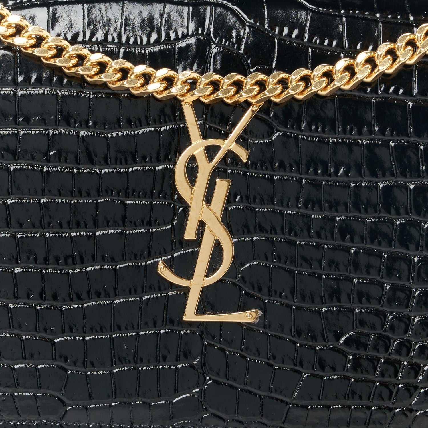 Saint Laurent Calfskin Crocodile Embossed Cassandre Wallet On Chain WOC Black 7 of 9
