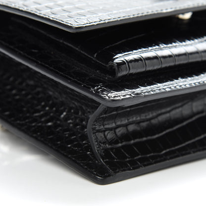 Saint Laurent Calfskin Crocodile Embossed Monogram Sunset Chain Wallet Black 9 of 10
