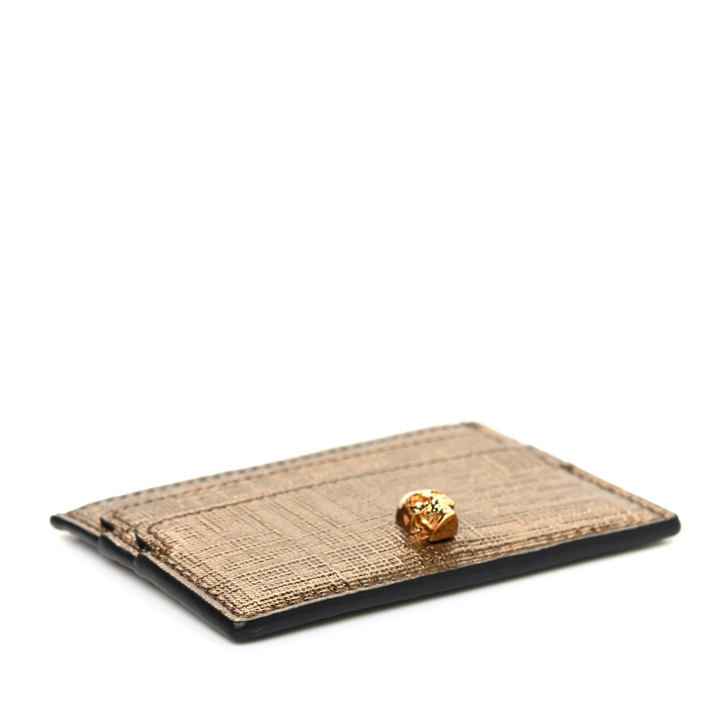 Metallic Textured Calfskin Skull Card Holder Gold