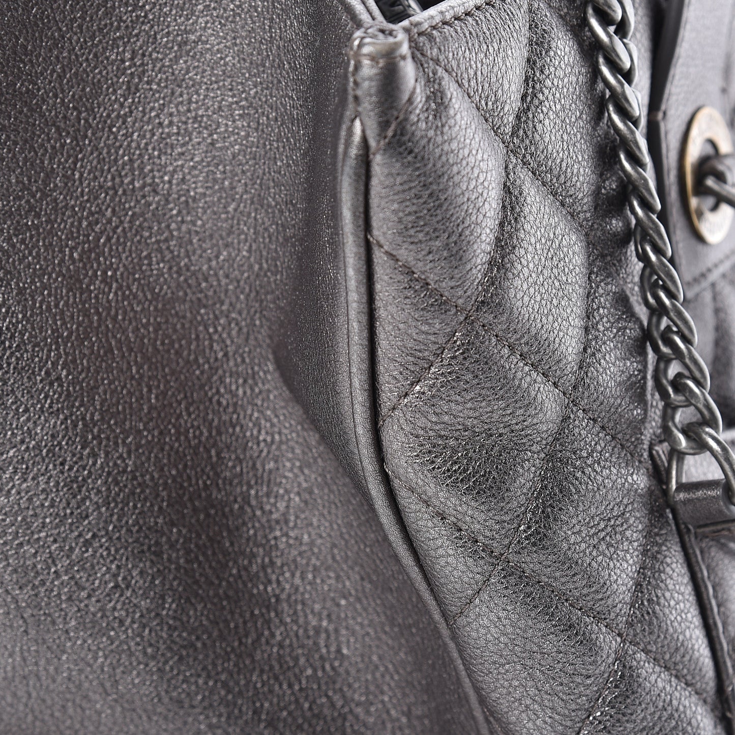 Metallic Grained Calfskin Quilted Large Casual Pocket Tote Silver