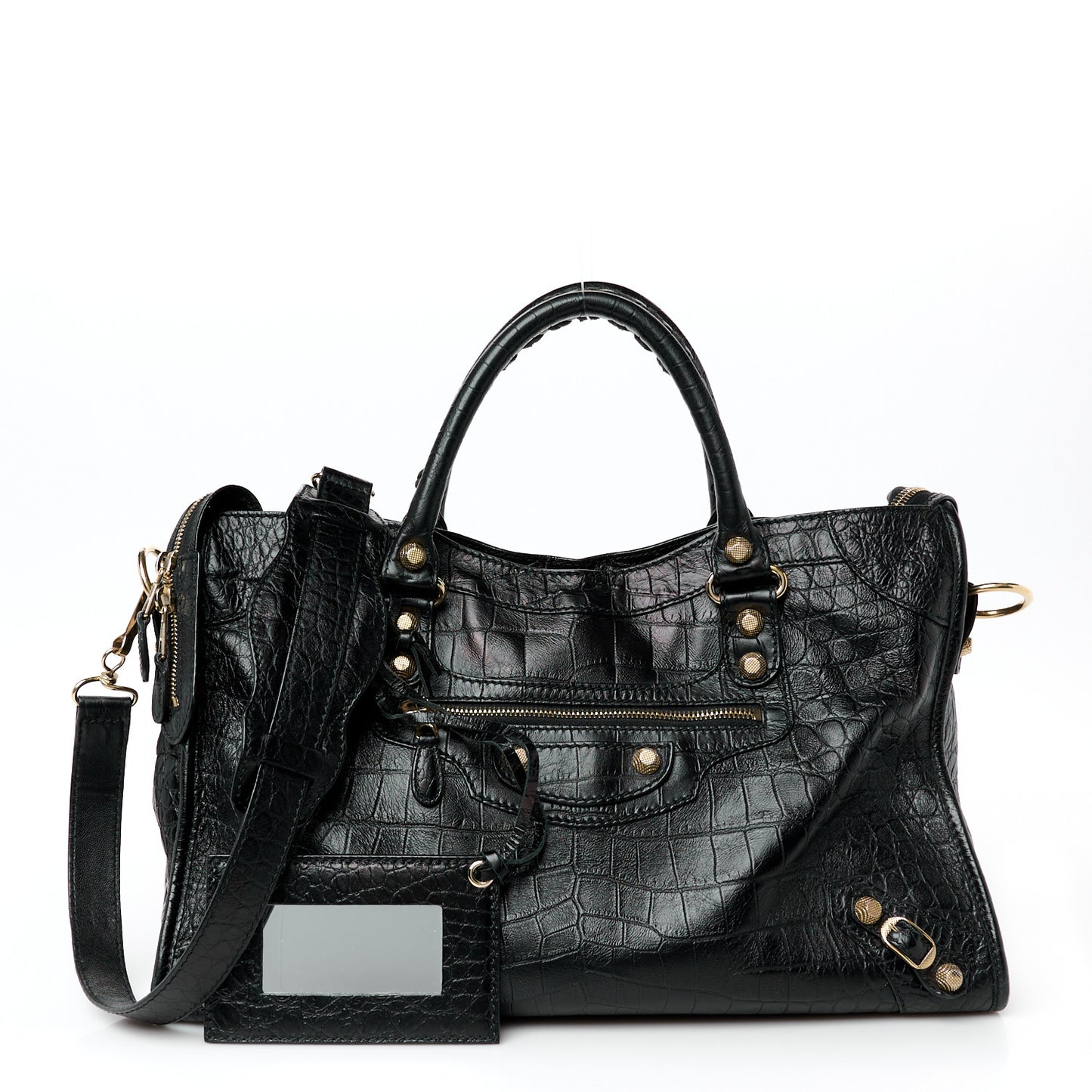 Calfskin Crocodile Embossed Giant 12 Gold Hardware City Black