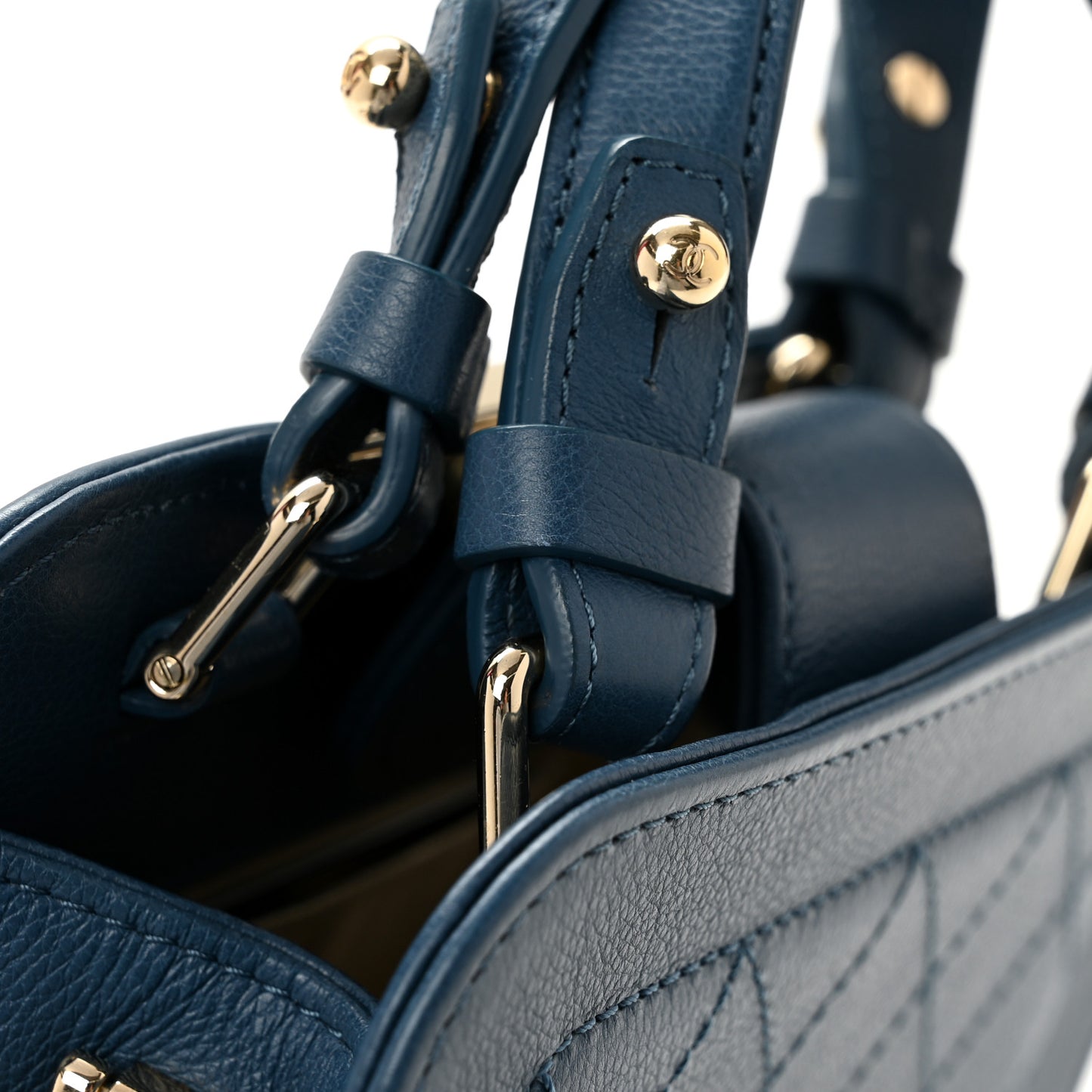 Grained Calfskin Stitched Mini Label Click Shopper Tote Blue