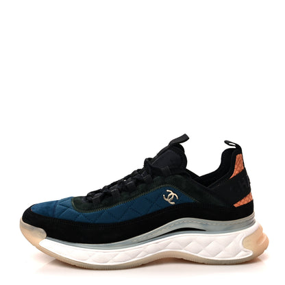 Chanel Velvet Calfskin Mixed Fibers Mens CC Sneakers 44 Blue Green 1 of 8