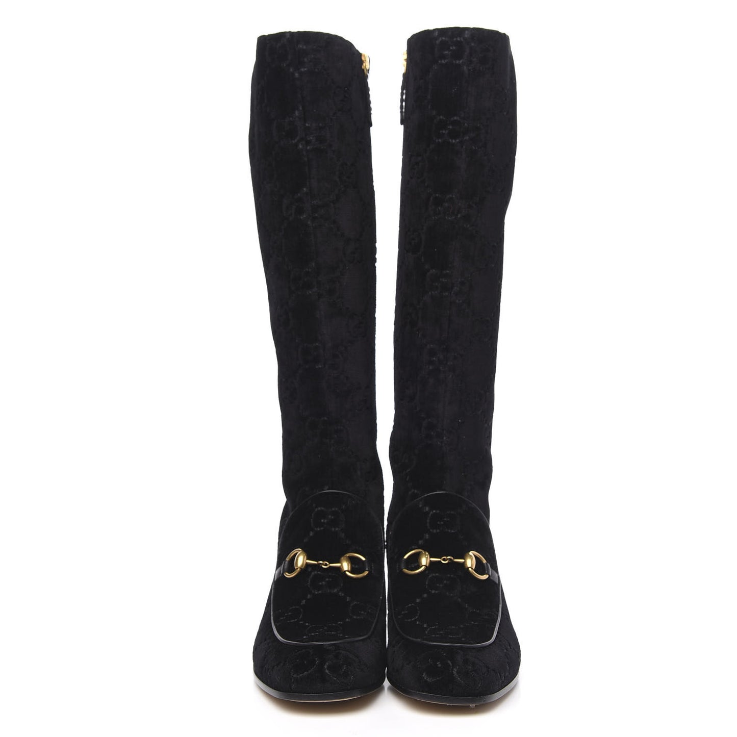 Velvet GG Monogram Crystal Horsebit Knee High Boots 39.5 Black
