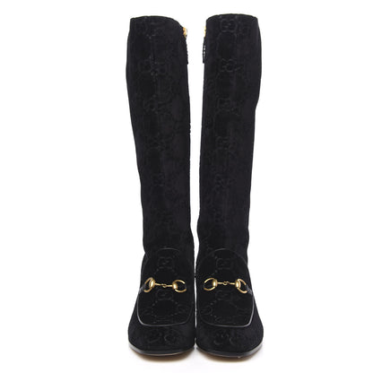 Gucci Velvet GG Monogram Crystal Horsebit Knee High Boots 39.5 Black 2 of 8