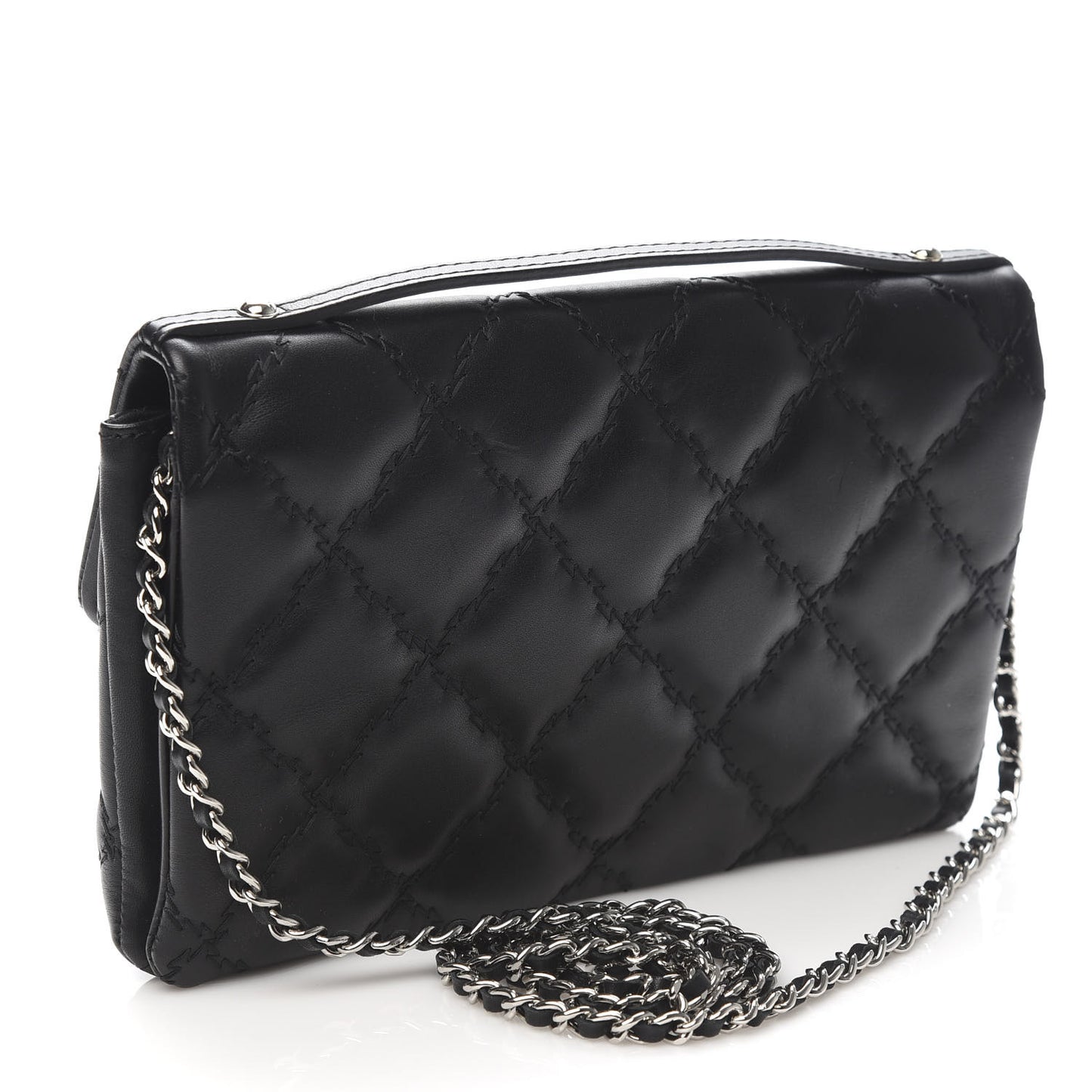 Calfskin Quilted Double Stitch Hamptons Clutch with Chain Black