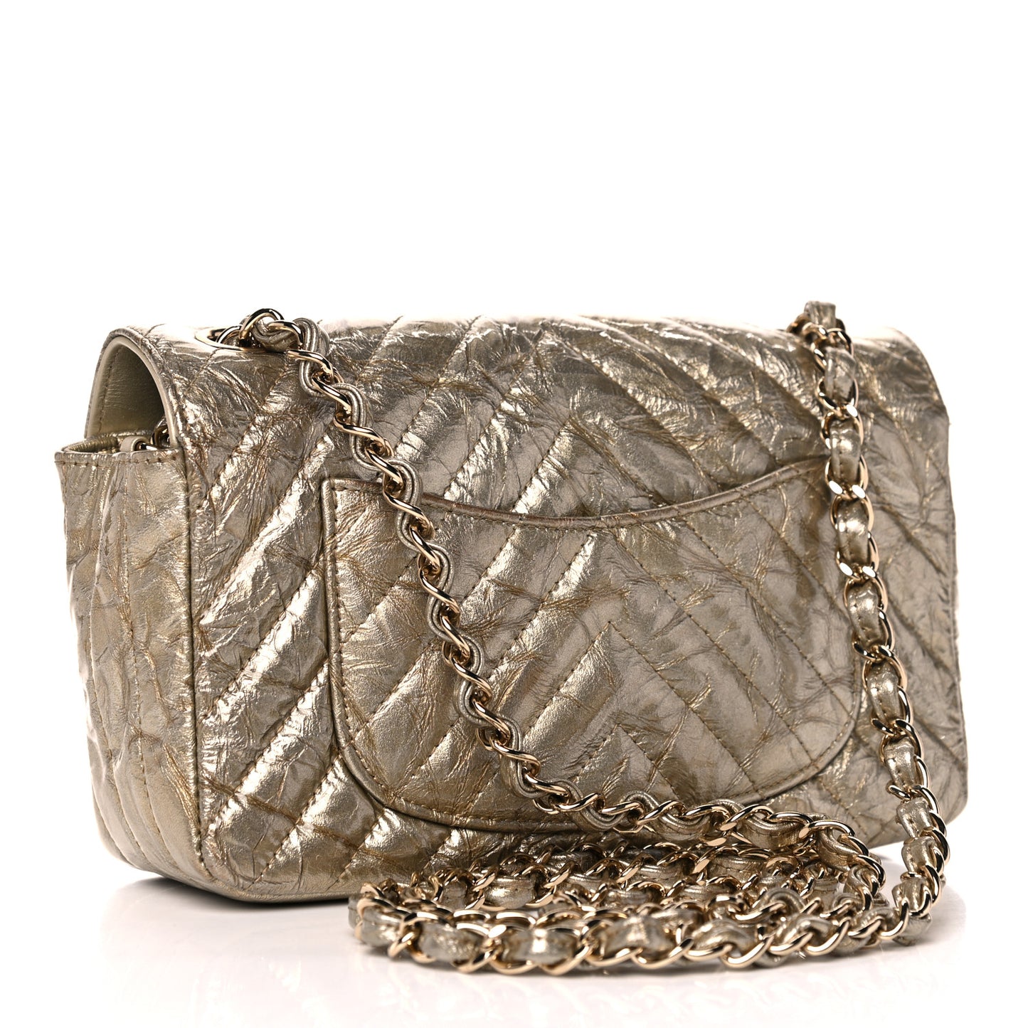 Patent Metallic Crumpled Calfskin Chevron Quilted Mini Rectangular Flap Gold