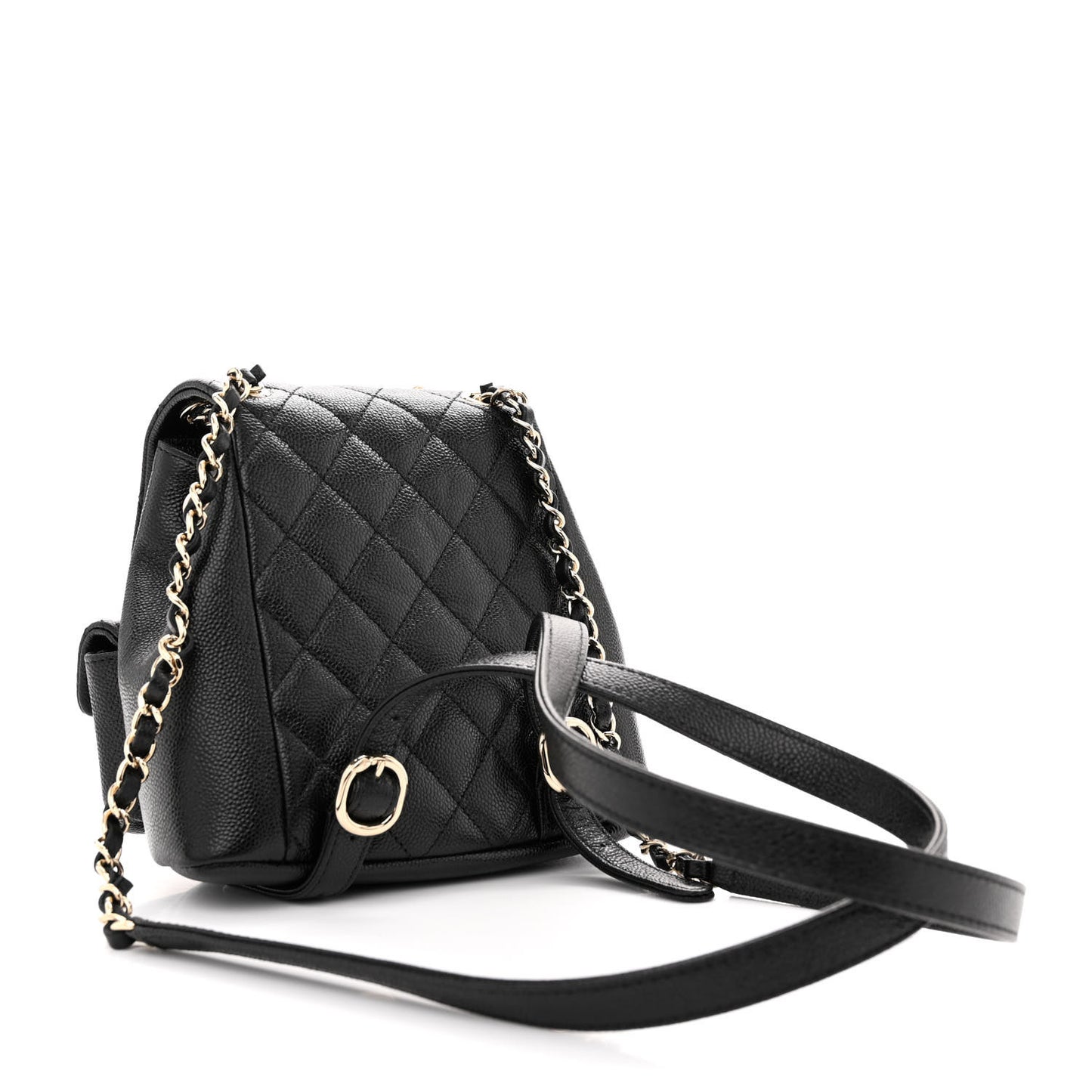 Shiny Caviar Quilted Small Duma Pockets Drawstring Backpack Black
