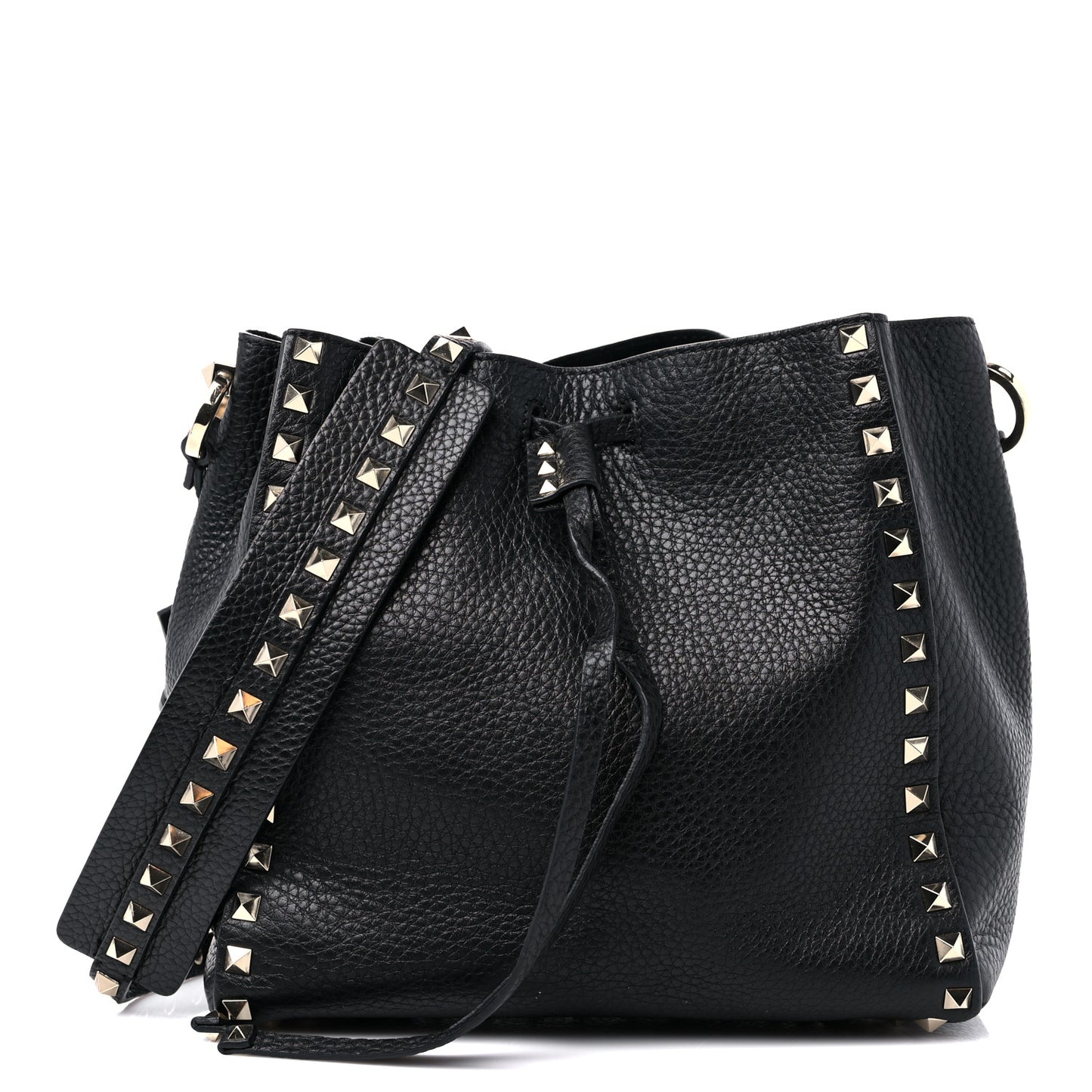 Grained Calfskin Small Rockstud Bucket Bag Black