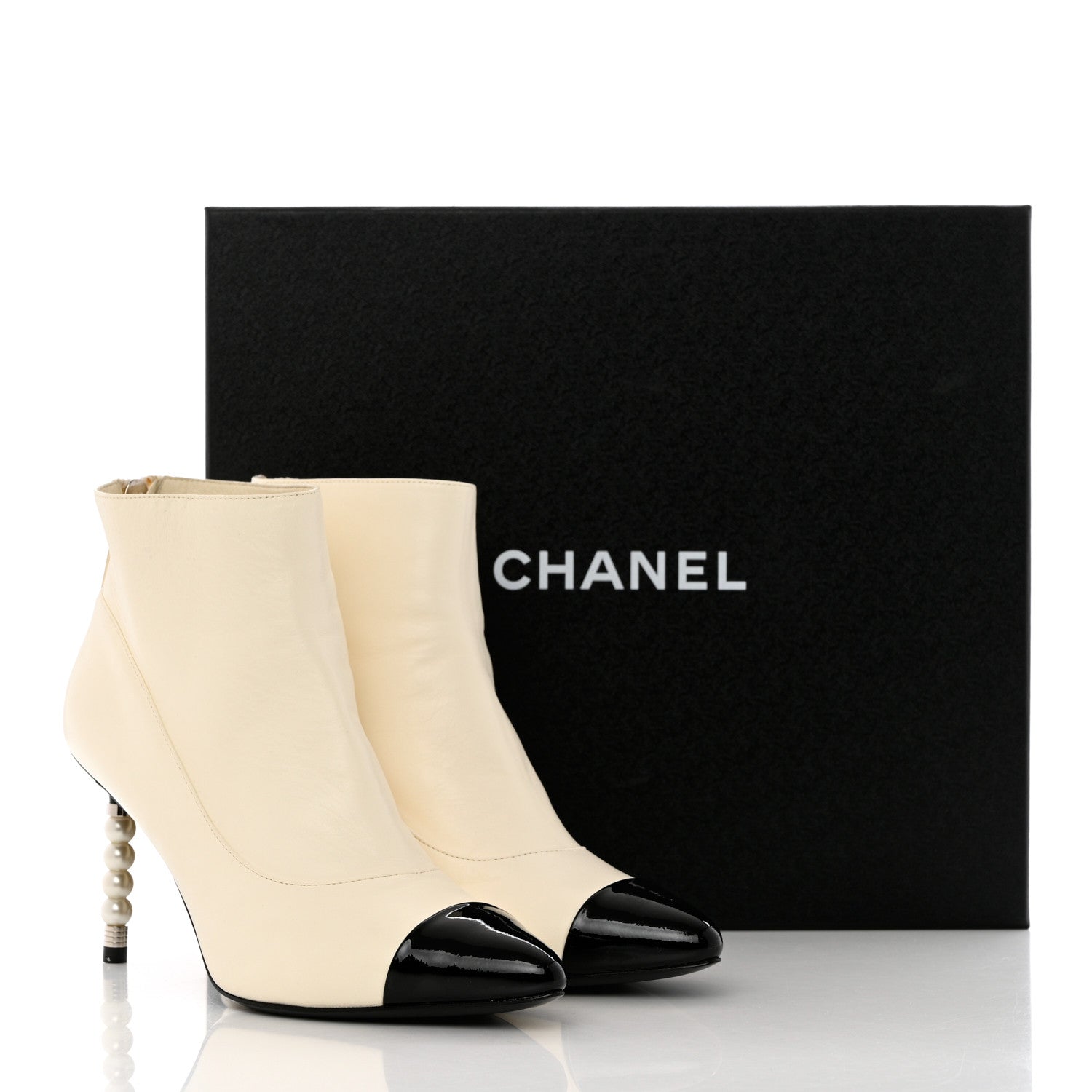Chanel Lambskin Patent Calfskin Pearl Cap Toe Short Boots 38 Ivory Black 9 of 9