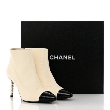 Chanel Lambskin Patent Calfskin Pearl Cap Toe Short Boots 38 Ivory Black 9 of 9