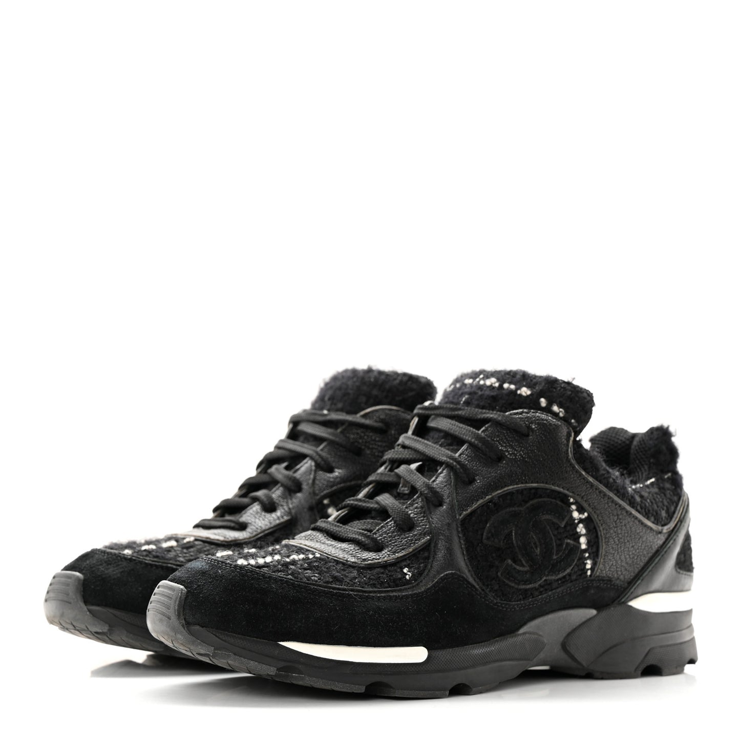Tweed Suede Goatskin CC Sneakers 39 Black White