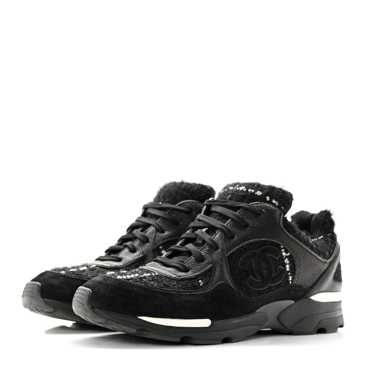 Chanel Tweed Suede Goatskin CC Sneakers 39 Black White 3 of 22