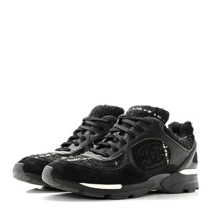 Chanel Tweed Suede Goatskin CC Sneakers 39 Black White 3 of 22