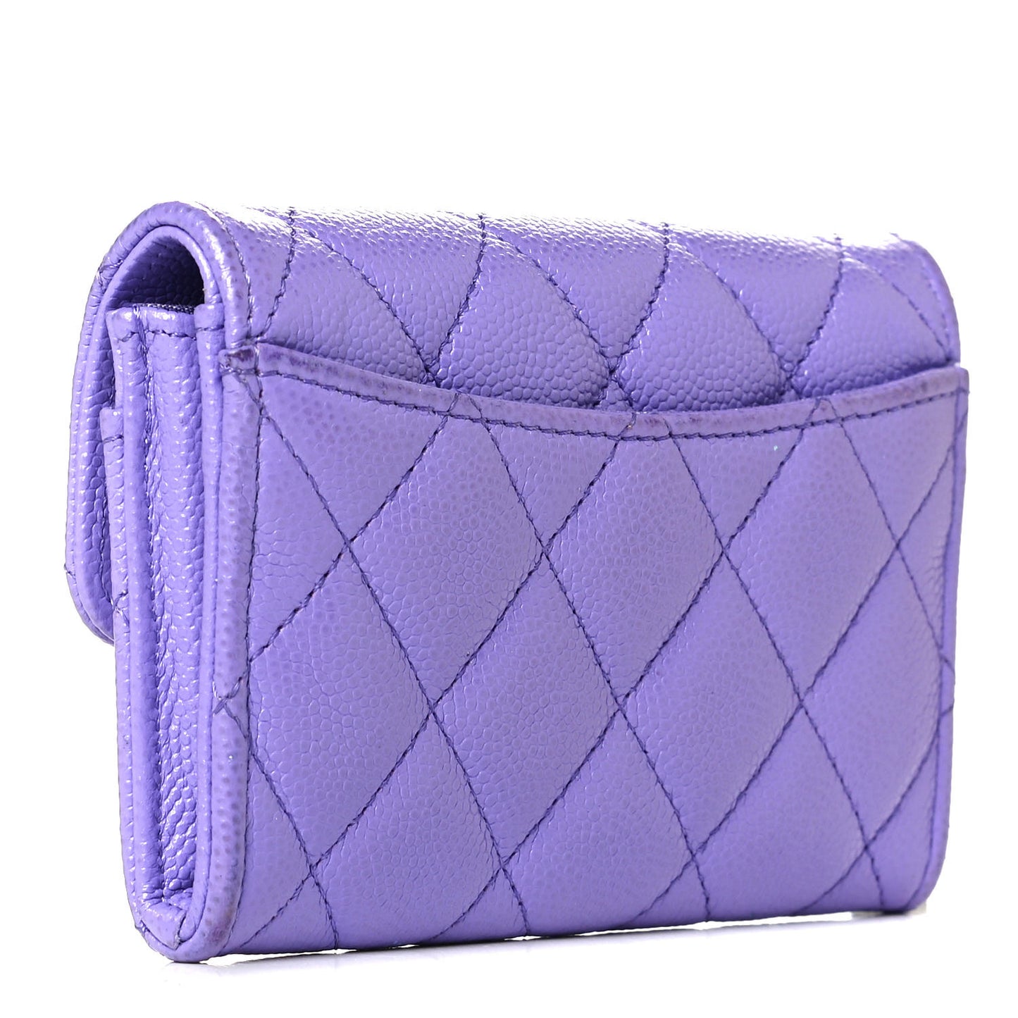 Caviar Quilted Flap Card Holder Wallet Purple