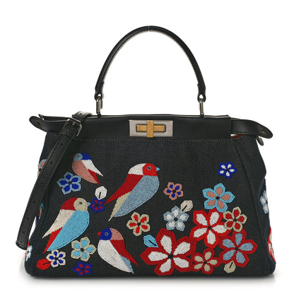 Fendi Denim Vitello Dolce QuTweet Beaded Medium Peekaboo Iconic Satchel Dark Blue Multicolor Black 1 of 9
