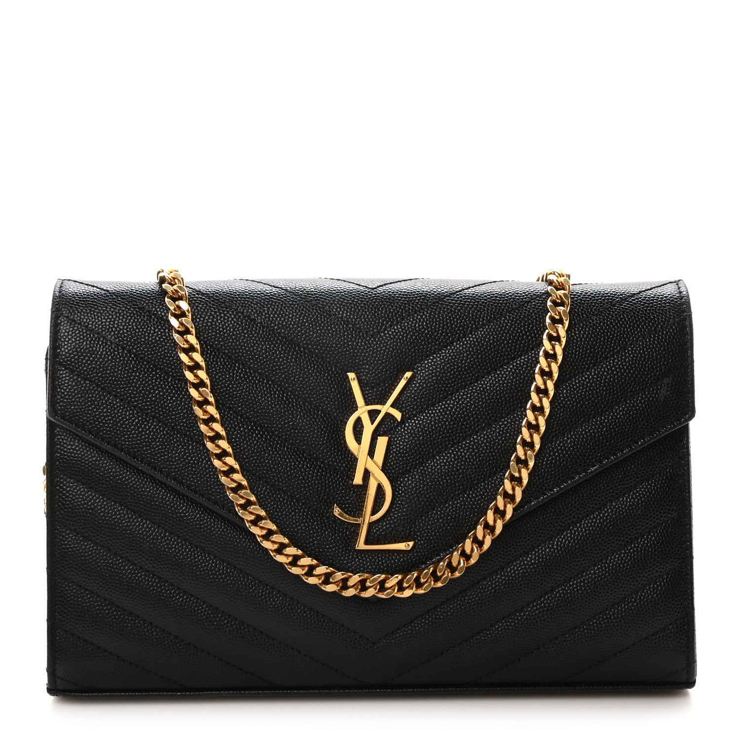 Saint Laurent Grain De Poudre Matelasse Chevron Monogram Chain Wallet Black 1 of 12