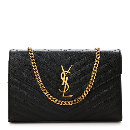 Saint Laurent Grain De Poudre Matelasse Chevron Monogram Chain Wallet Black 1 of 12