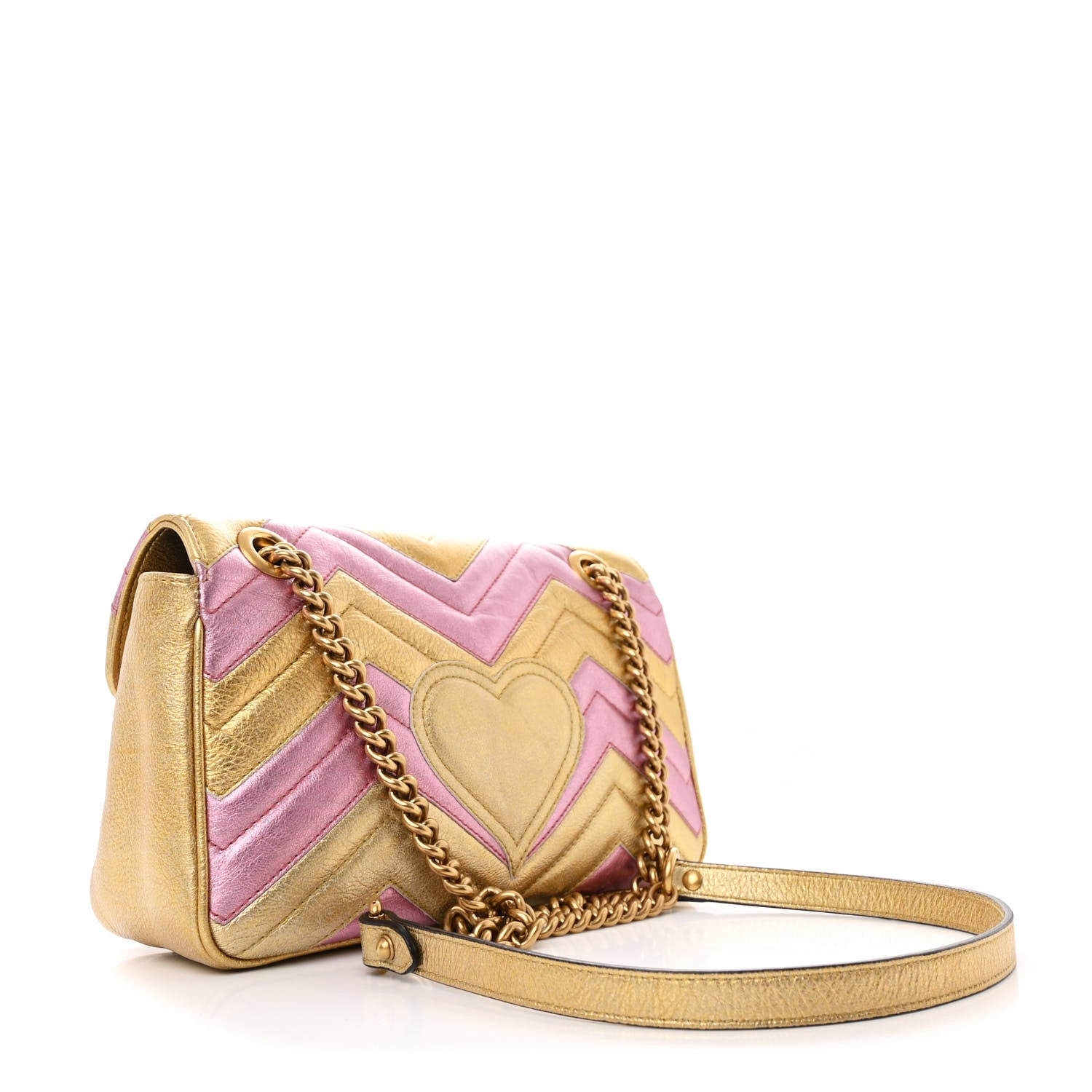 Gucci Metallic Calfskin Matelasse Small GG Marmont Shoulder Bag Gold Pink 3 of 10