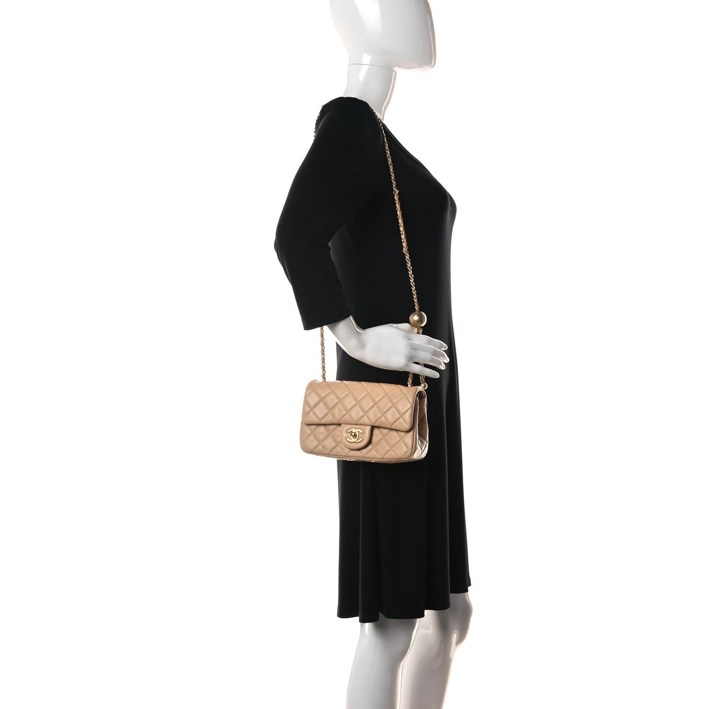 Lambskin Quilted Mini Rectangular Pearl Crush Flap Beige